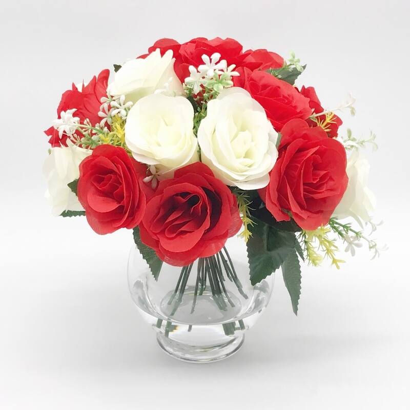 ENova Home Artificial Mixed Silk Roses Fake Flowers Arrangement in Clear Glass Vase with Faux Water for Home Office Decor