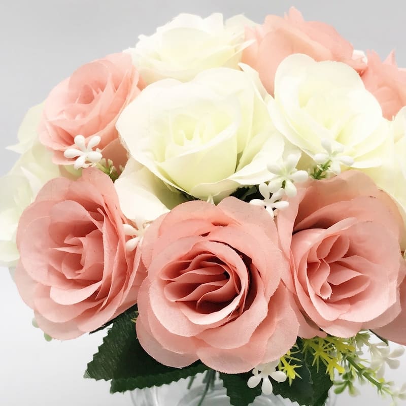 ENova Home Artificial Mixed Silk Roses Fake Flowers Arrangement in Clear Glass Vase with Faux Water for Home Office Decor