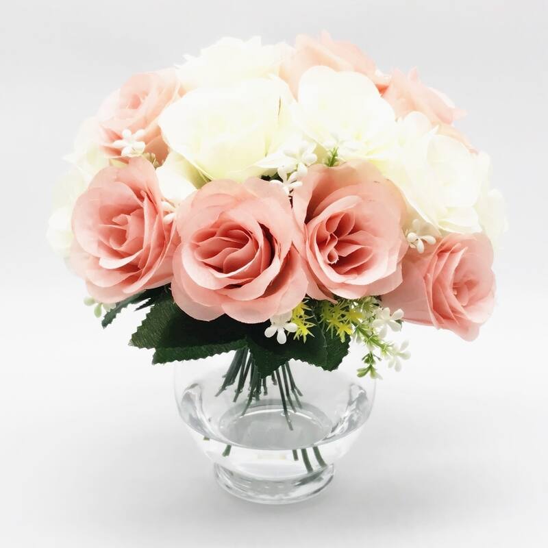 ENova Home Artificial Mixed Silk Roses Fake Flowers Arrangement in Clear Glass Vase with Faux Water for Home Office Decor