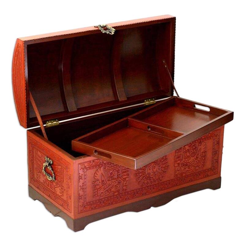 Handmade Sun and Sky Cedar and leather chest (Peru) - N/A