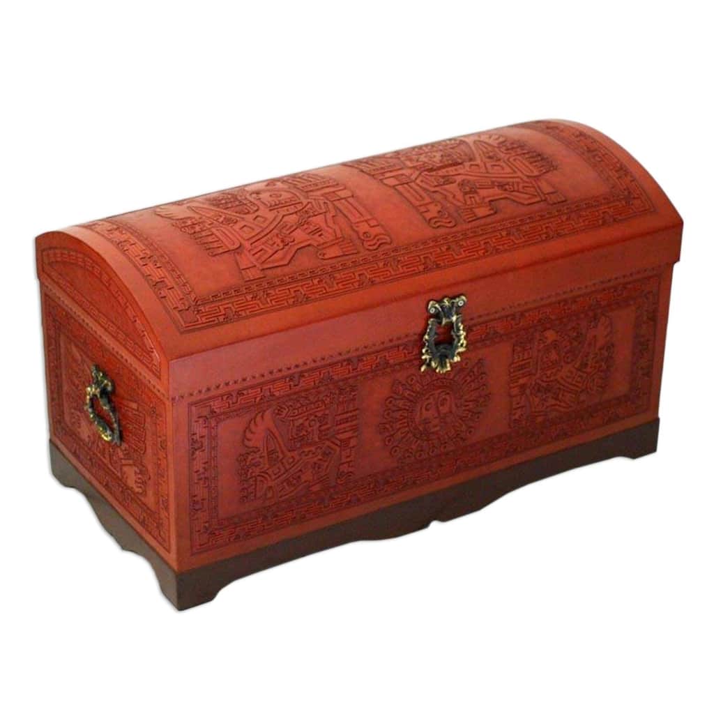 Handmade Sun and Sky Cedar and leather chest (Peru) - N/A