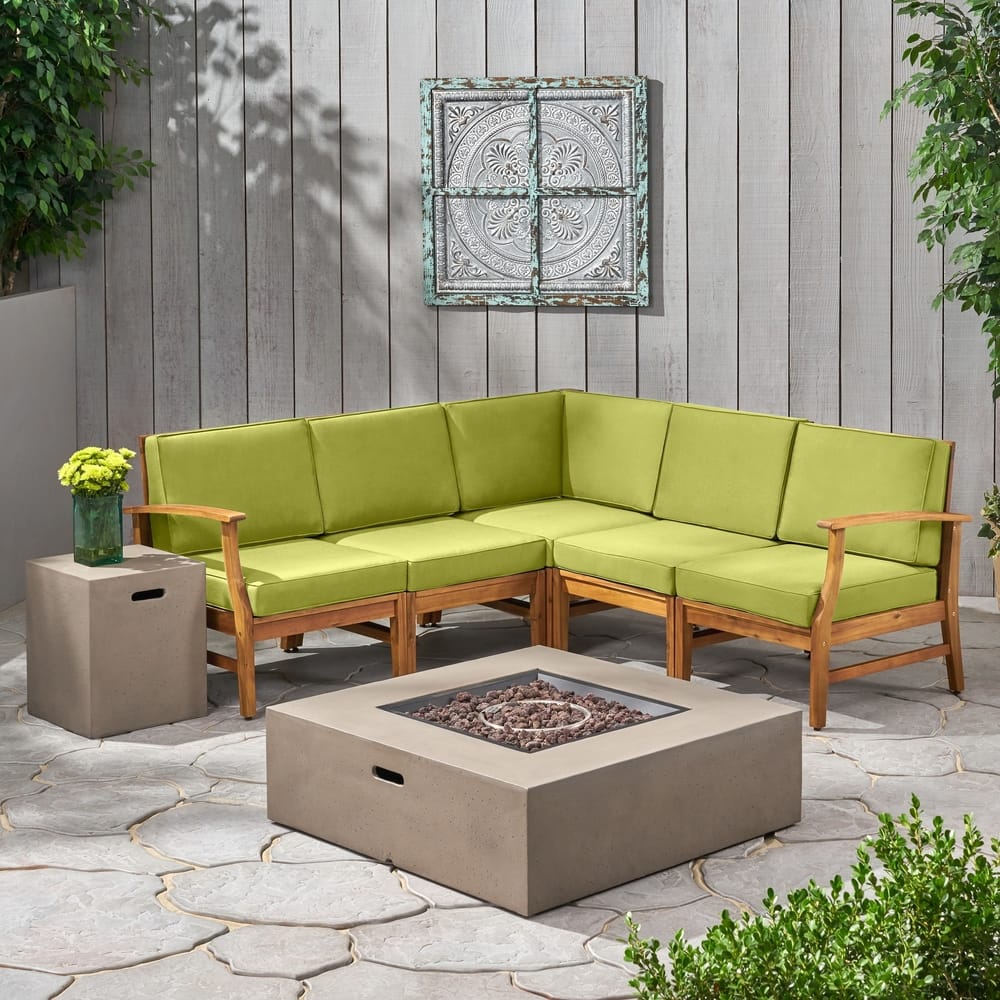 Illona Outdoor 5 Seater V-Shaped Acacia Wood Sofa Set with Square Fire Table and Tank by Christopher Knight Home