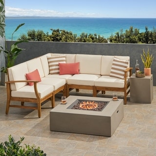 Illona Outdoor 5 Seater V-Shaped Acacia Wood Sofa Set with Square Fire Table and Tank by Christopher Knight Home