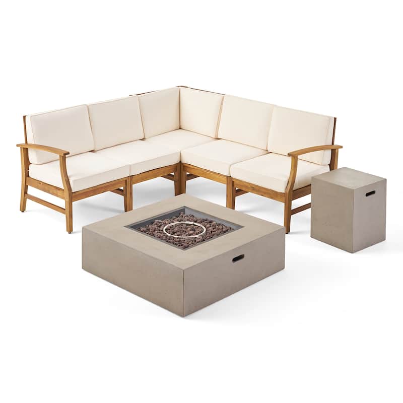 Illona Outdoor 5 Seater V-Shaped Acacia Wood Sofa Set with Square Fire Table and Tank by Christopher Knight Home - Teak + Crème + Light Gray