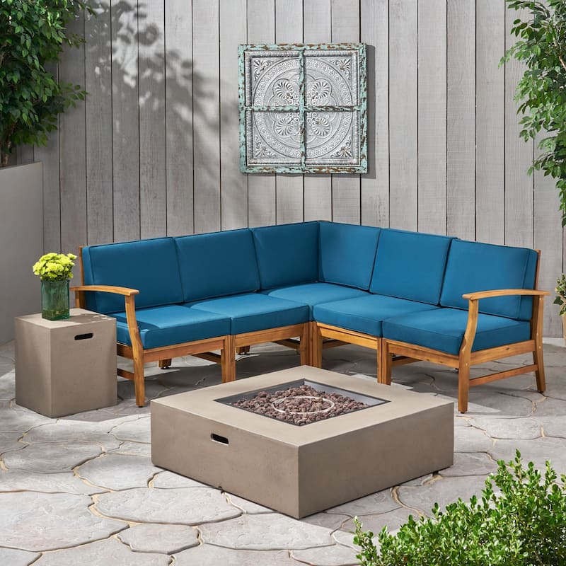 Illona Outdoor 5 Seater V-Shaped Acacia Wood Sofa Set with Square Fire Table and Tank by Christopher Knight Home - Teak + Blue Cushion + Light Gray