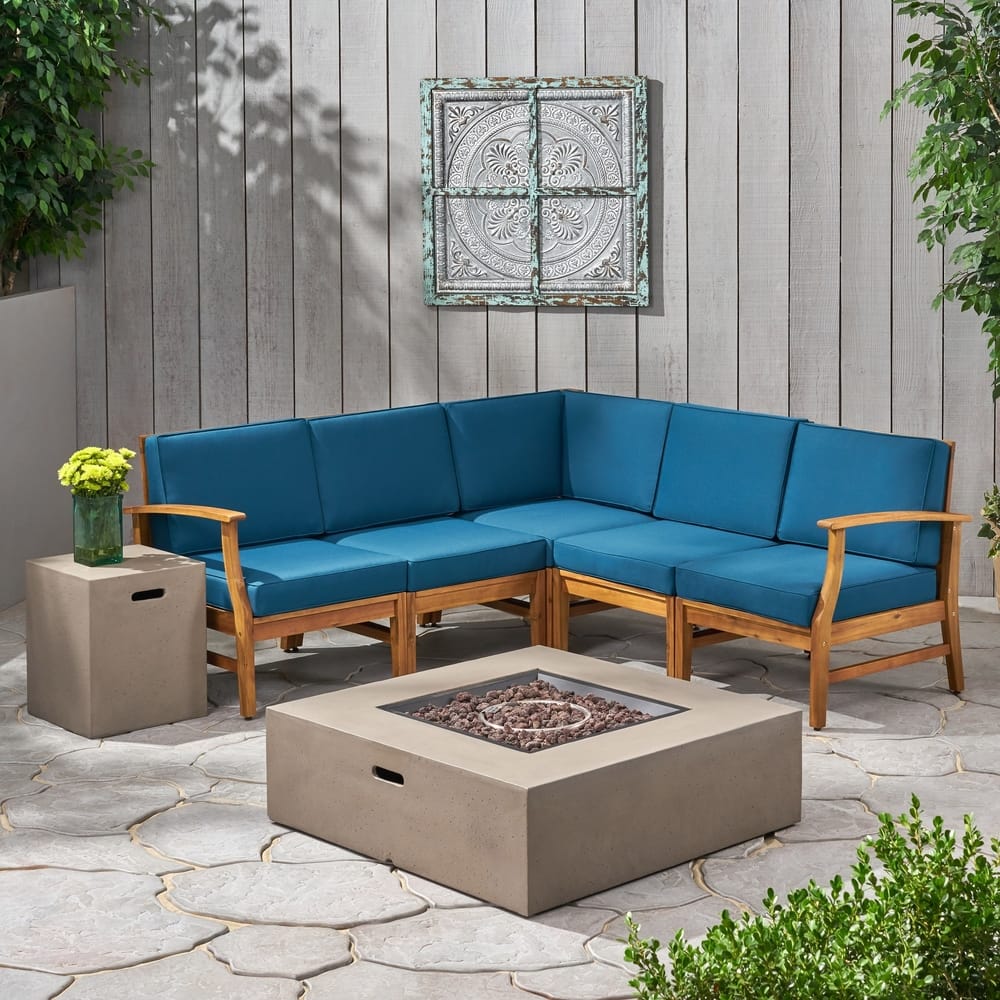 Illona Outdoor 5 Seater V-Shaped Acacia Wood Sofa Set with Square Fire Table and Tank by Christopher Knight Home
