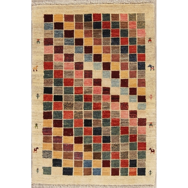 Gabbeh Checked Hand Knotted Wool Oriental Persian Area Rug - 4'0" x 2'10"
