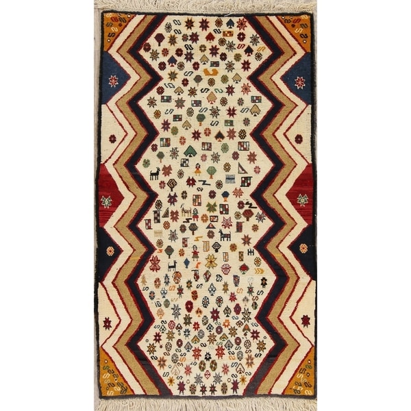 Gabbeh Geometric Hand Knotted Wool Oriental Persian Area Rug - 4'11" x 2'9"