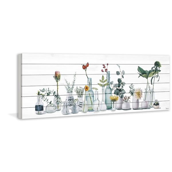 Handmade Lined up Bottles Print on White Wood