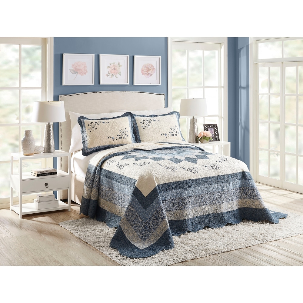 Porch & Den Leslie Pieced Floral Embroidered Blue Bedspread (pillow shams sold separately)