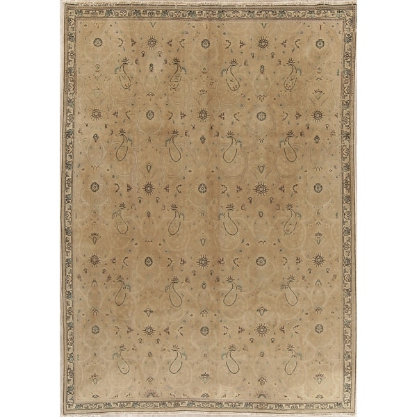 Vintage Muted Tabriz Hand Knotted Wool Distressed Persian Area Rug - 10'0" x 7'3"