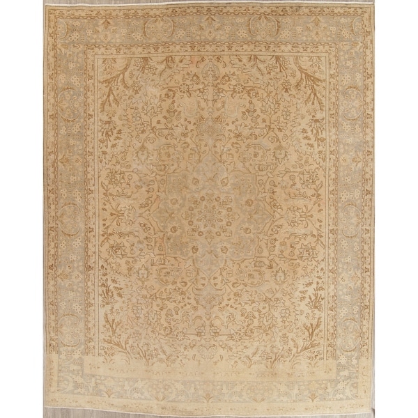 Vintage Muted Tabriz Hand Knotted Wool Distressed Persian Area Rug - 12'9" x 10'0"