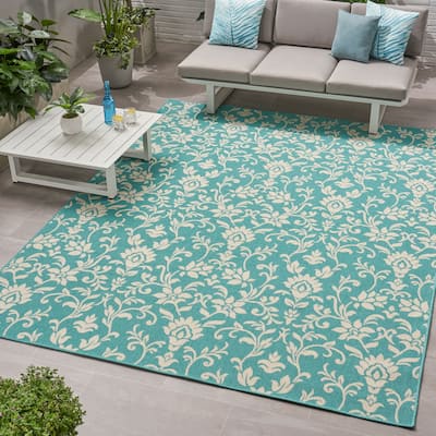 Christopher Knight Home Blue/Ivory Sea Foam Outdoor Botanical Area Rug