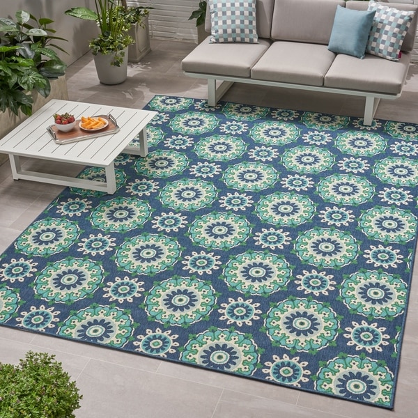 Marakesh Outdoor Medallion Area Rug, Navy and Green by Christopher ...