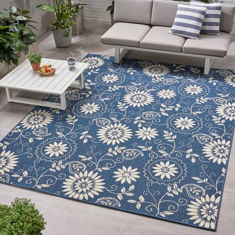 Wildflower Outdoor Botanical Area Rug, Blue and Ivory by Christopher Knight Home