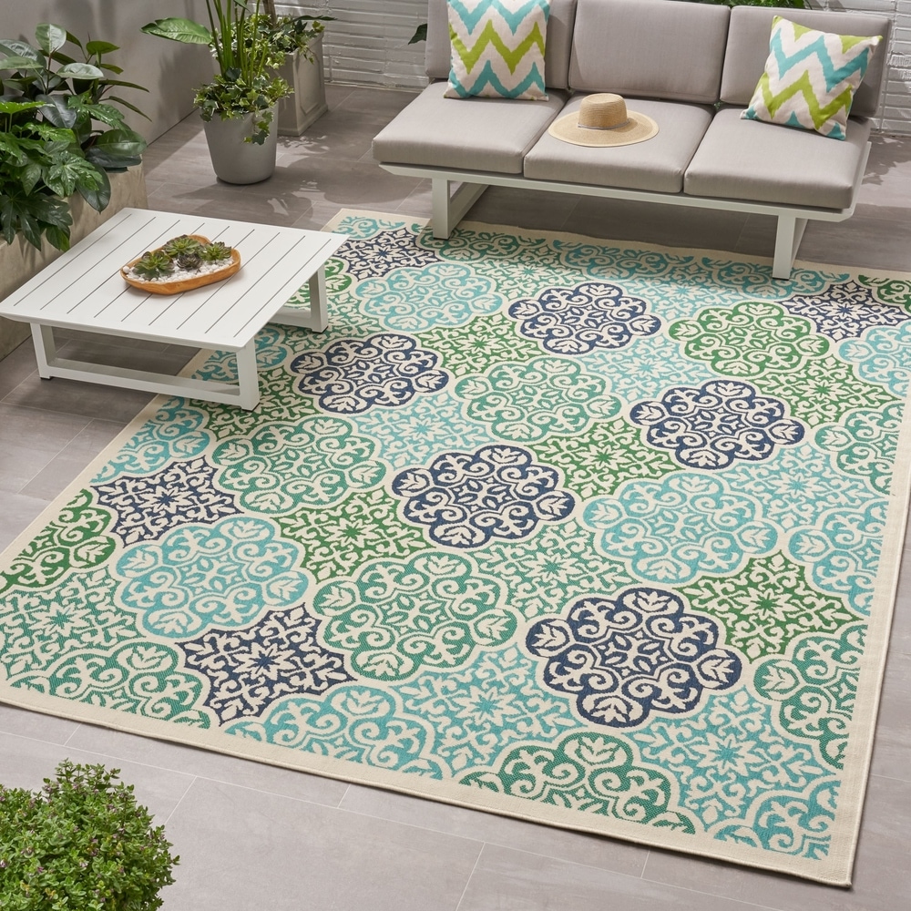 Christopher Knight Home 308601 Delilah Outdoor 53 x 7 Contemporary Area Rug Ivory and Multi 