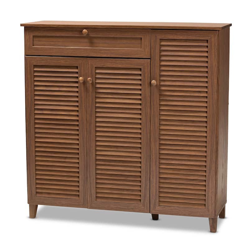 Baxton Studio Contemporary 11-shelf Wood Shoe Storage Cabinet with Drawer - Walnut - Medium Wood - Walnut Finish