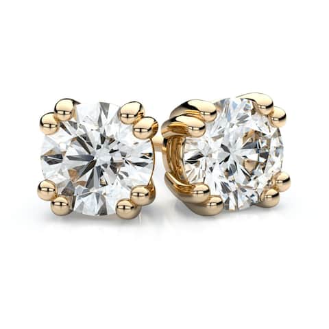 14K Yellow Gold Double Prong Round Diamond Stud Earrings, 2 ct. t.w. (G / I1)