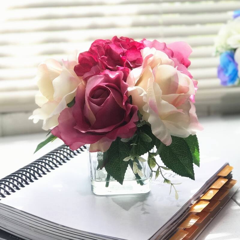 Enova Home Purple and Cream Mixed Artificial Silk Roses and Hydrangea Fake Flowers Arrangement in Clear Glass Vase