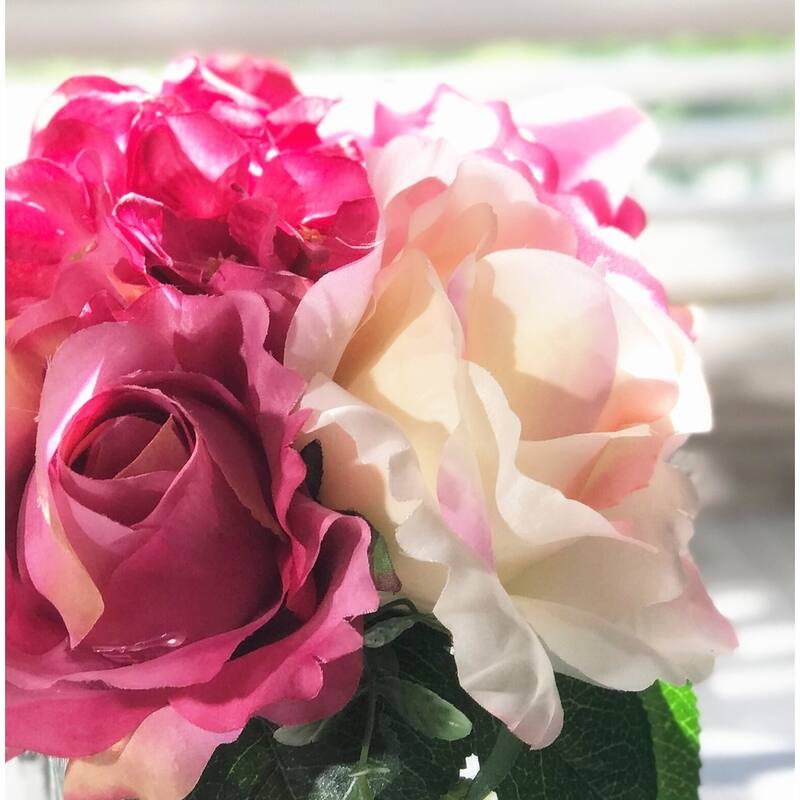 Enova Home Purple and Cream Mixed Artificial Silk Roses and Hydrangea Fake Flowers Arrangement in Clear Glass Vase