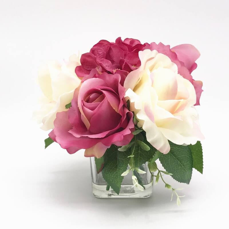 Enova Home Purple and Cream Mixed Artificial Silk Roses and Hydrangea Fake Flowers Arrangement in Clear Glass Vase