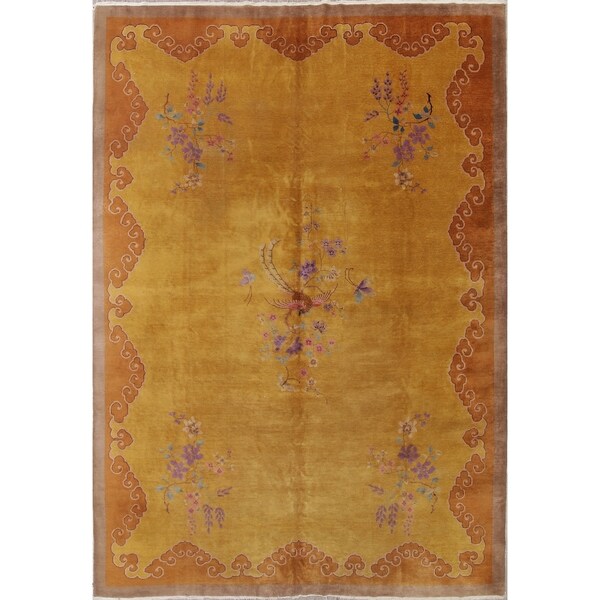 Vintage Art Deco Floral Hand Knotted Wool Chinese Oriental Area Rug - 13'4" x 9'10"