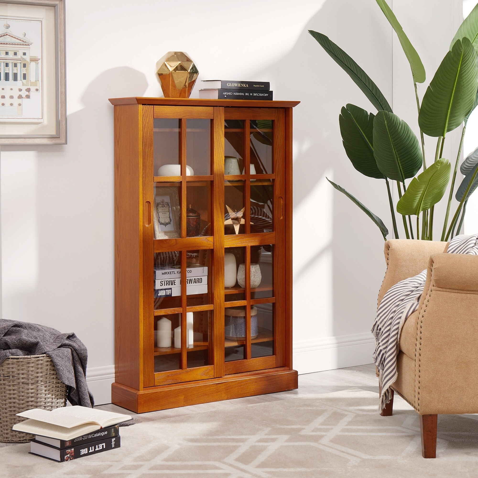 Merrick Oak Media Cabinet W Sliding Door Overstock 28056014