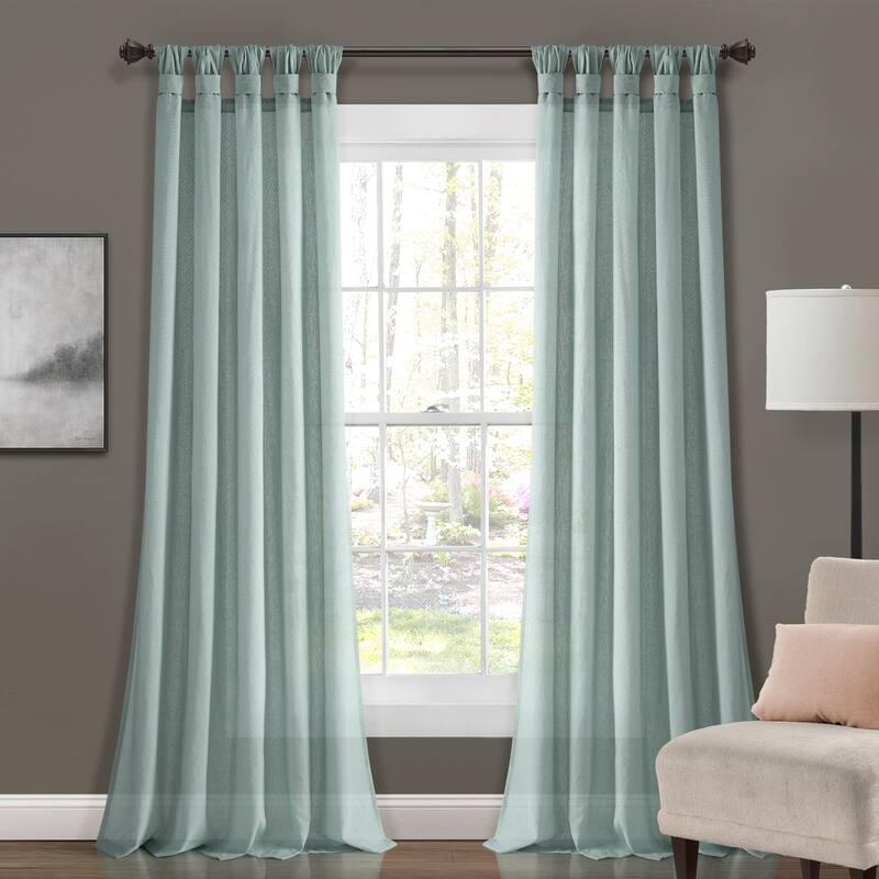 Porch & Den Alsea Burlap Knotted Tab Top Window Curtain Panel Pair - 84"L x 45"W - Blue