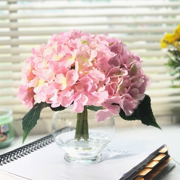 Enova Home 10 Stem Pink Silk Hydrangea Flower in Round Clear Glass Vase with Faux Water