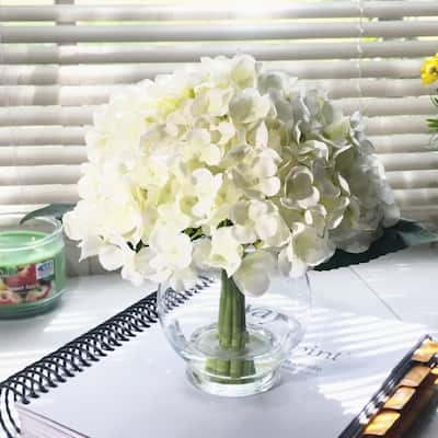 Enova Home 10 Stems Cream Artificial Silk Hydrangea Fake Flowers in Round Clear Glass Vase with Faux Water for Home Decoration