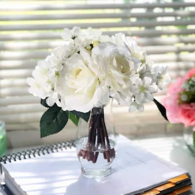 Enova Home Artificial Cream Silk Roses and Mixed Fake Flowers Arrangement in Clear Glass Vase with Faux Water for Home Decor