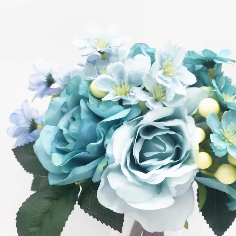 Enova Home Azure Silk Rose and Mixed Flower Arrangements in Clear Glass Vase with Faux Water