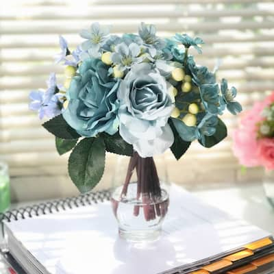 Enova Home Azure Silk Rose and Mixed Flower Arrangements in Clear Glass Vase with Faux Water