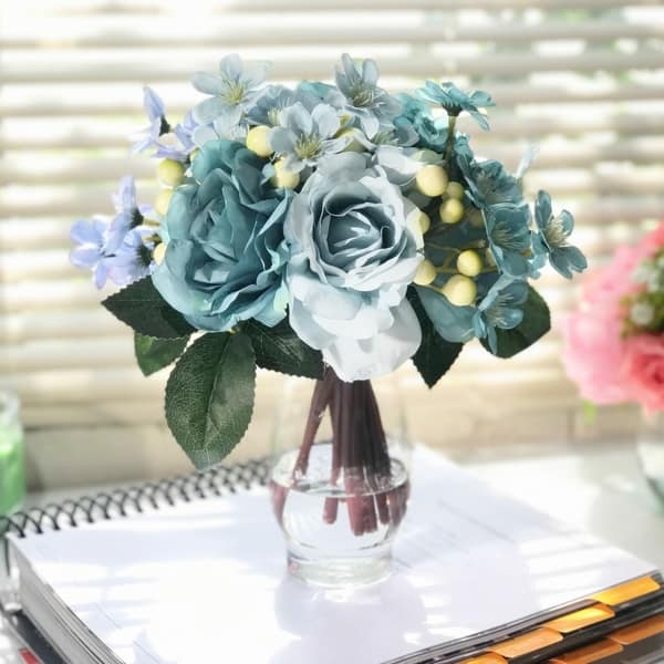 ENOVA FLORAL Rose Small Artificial Flowers in Vase, Blue Silk Floral  Arrangement in Vase with Faux Water for Home Decorations, Wedding Event  (Blue)