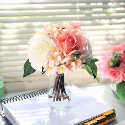 Enova Home Pink and Cream Artificial Silk Roses and Mixed Fake Flowers Arrangement in Clear Glass Vase with Faux Water