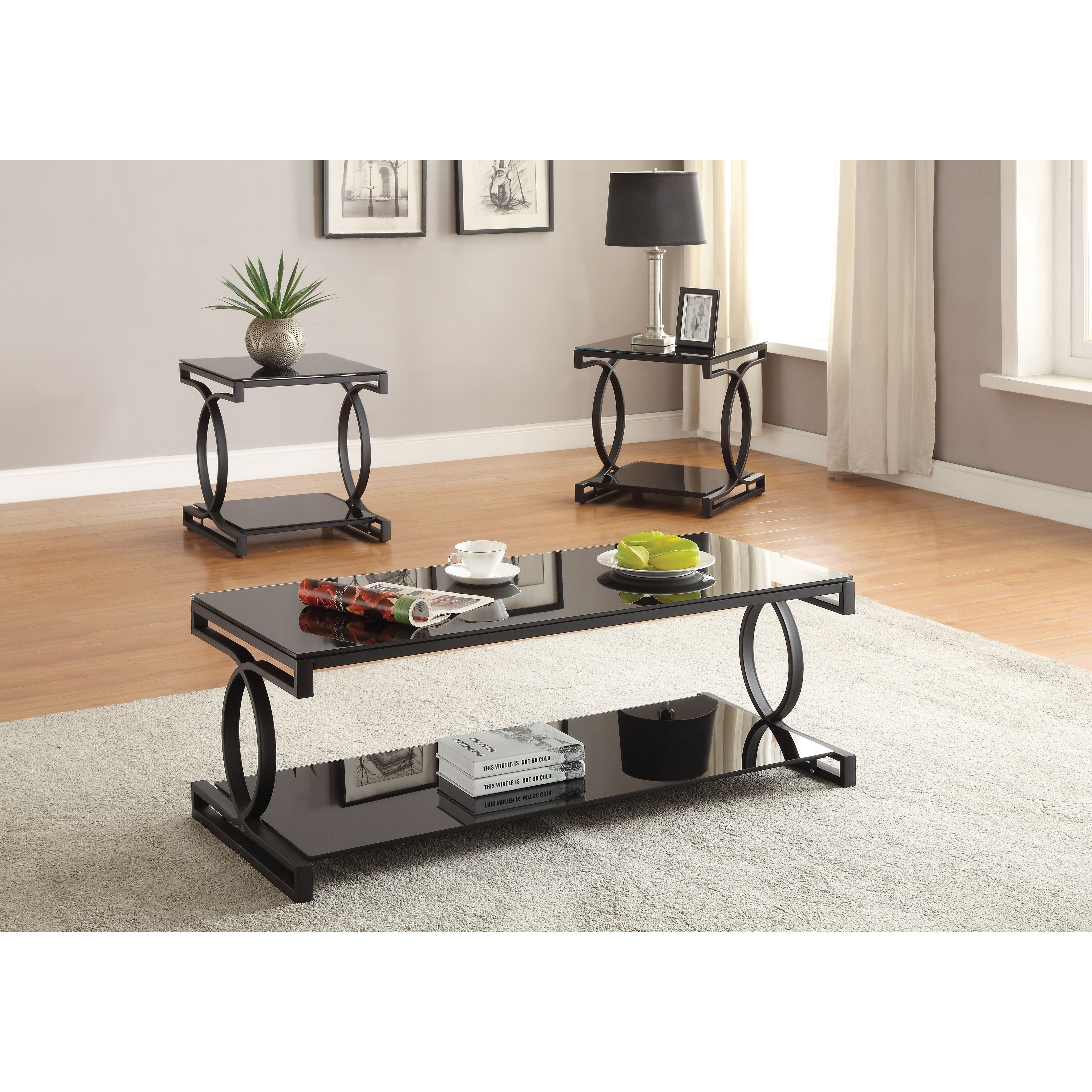 Metal And Glass Coffee Table Set With Two End Tables