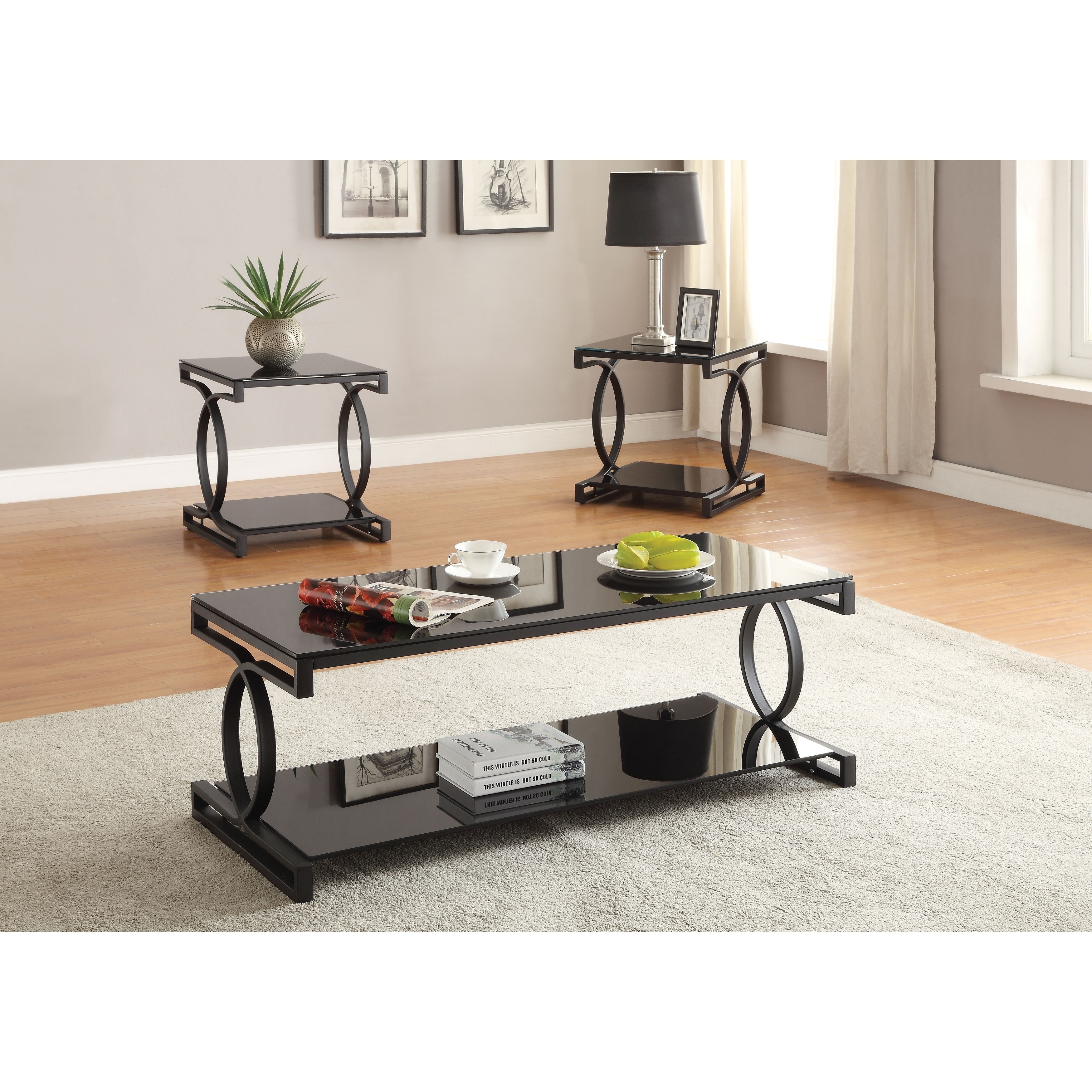 Metal and Glass Coffee Table Set with Two End Tables, Pack of 