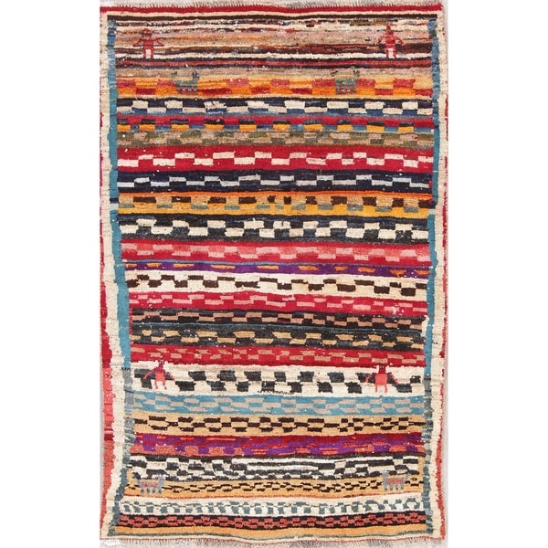 Gabbeh Tribal Geometric Hand Knotted Wool Oriental Persian Area Rug - 4'11" x 3'7"
