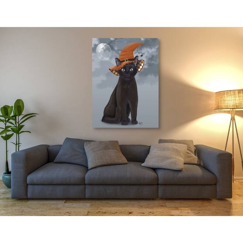 Epic Graffiti 'Halloween Black Cat in Witches Hat' by Fab Funky Giclee Canvas Wall Art, 12"x16"
