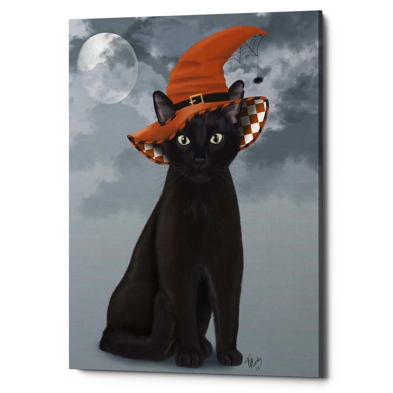 Epic Graffiti 'Halloween Black Cat in Witches Hat' by Fab Funky Giclee Canvas Wall Art, 12"x16"