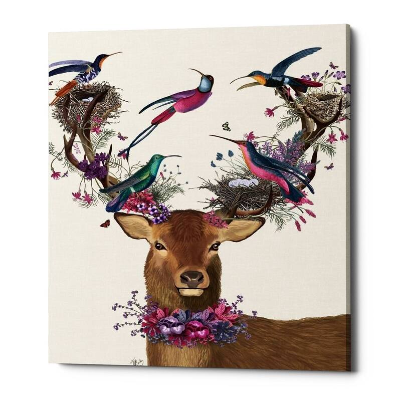 Porch & Den 'Deer Birdkeeper, Tropical Bird Nests' Canvas Wall Art - 16 x 18