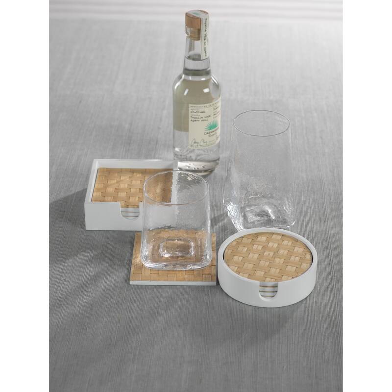 4-Piece Woven Ash White Coaster Set with Holder, Square