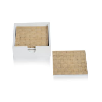 4-Piece Woven Ash White Coaster Set with Holder, Square