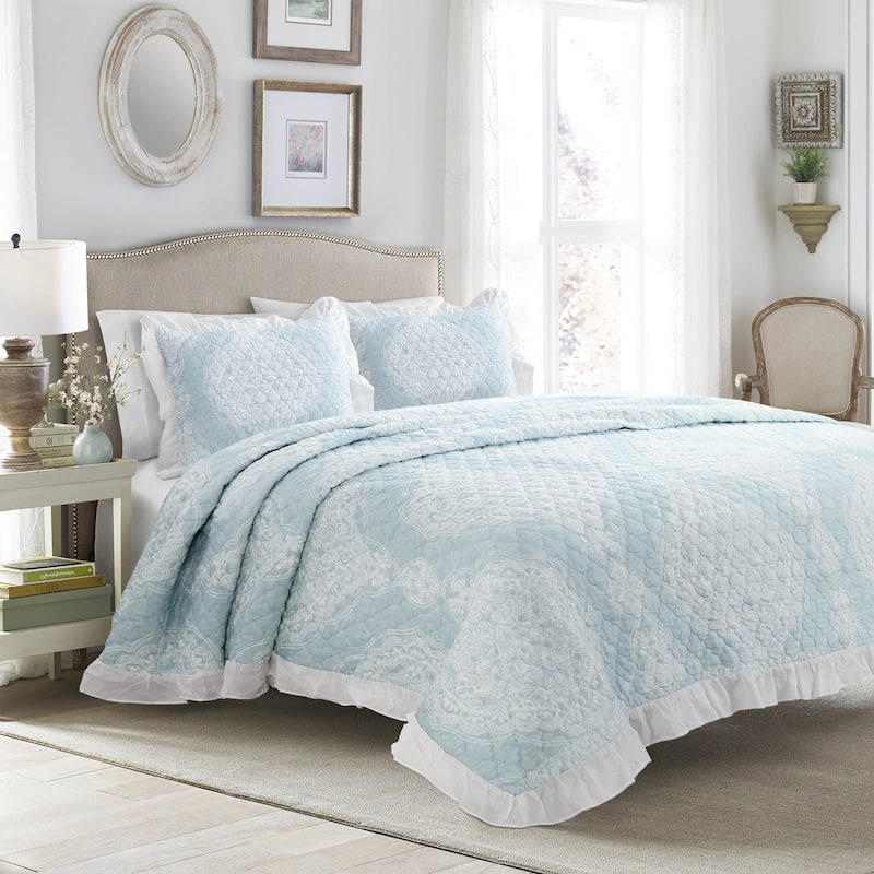 Lush Decor Lucianna Ruffle Edge Cotton 3 Piece Bedspread Set - Blue - Full - Queen
