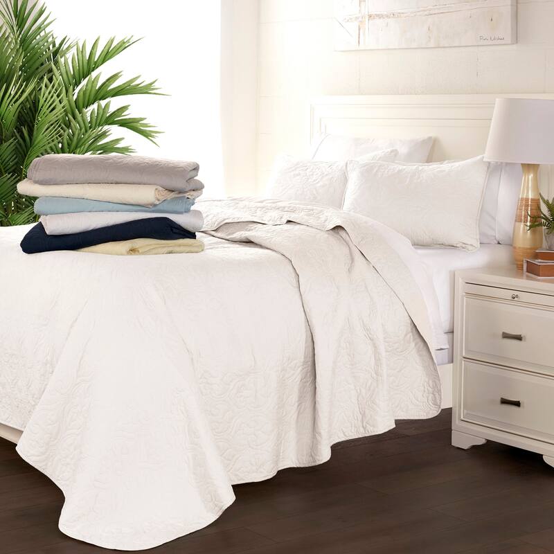 Becky Cameron Luxury Damask Quilted Coverlet Set - Snow White - Queen