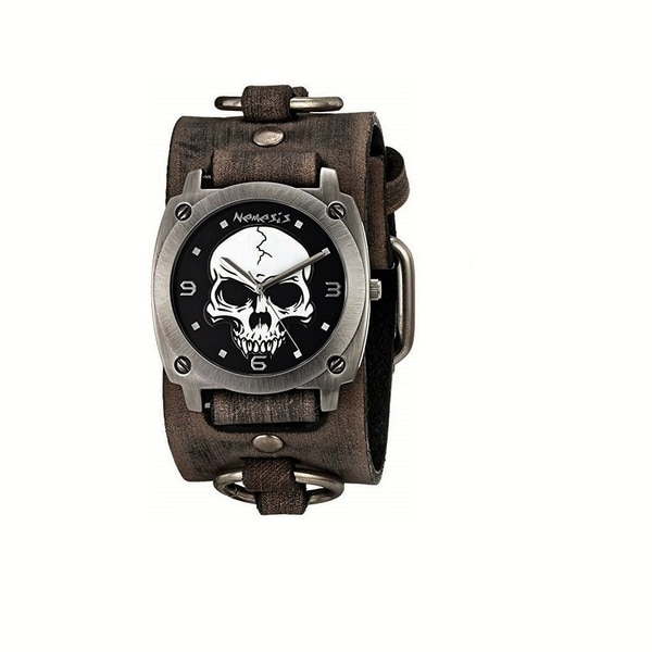 Nemesis Black 'Heavy Duty Skull' Watch with Faded Black Leather Ring Cuff Band KBFRB926K. Opens flyout.