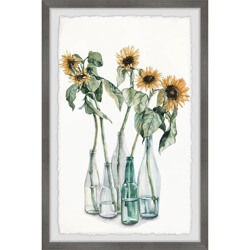 'Sunflower and Wilted Leaves' Framed Painting Print - Multi-Color