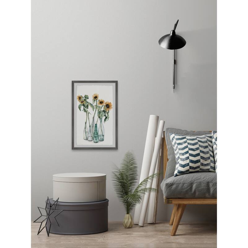 'Sunflower and Wilted Leaves' Framed Painting Print - Multi-Color