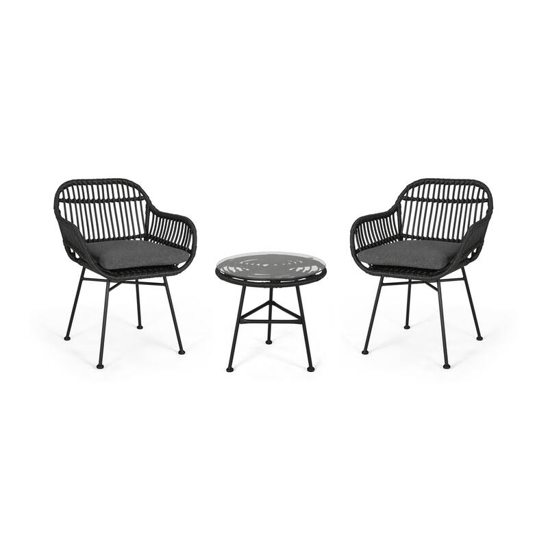 Lehrman Outdoor 2 Seater Faux Wicker Chat Set with Tempered Glass Table by Christopher Knight Home - Gray+ Dark Gray+ Black