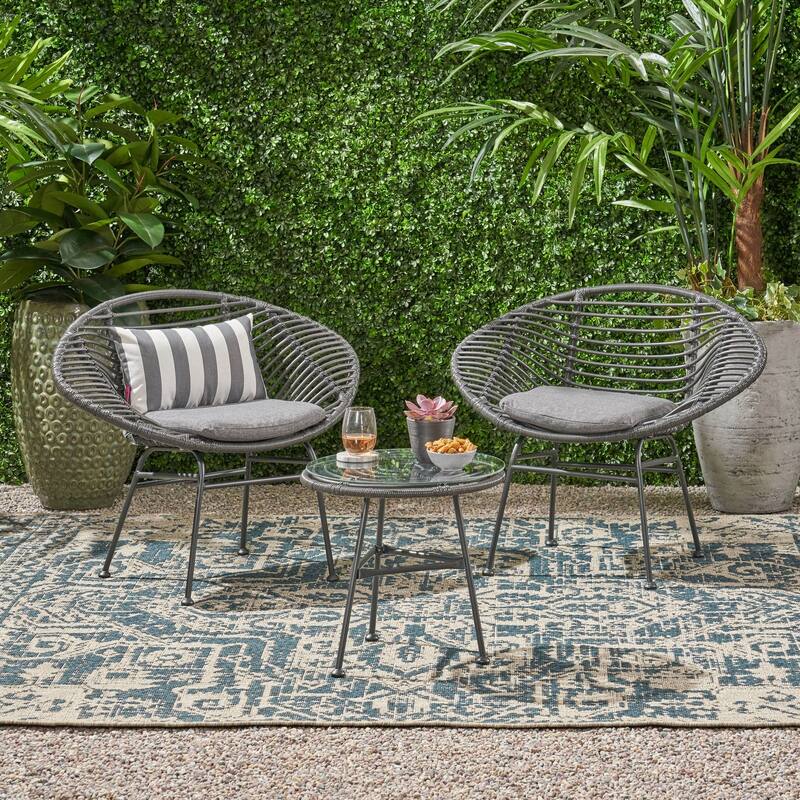 Meridian Outdoor 2 Seater Faux Wicker Chat Set with Tempered Glass Table by Christopher Knight Home